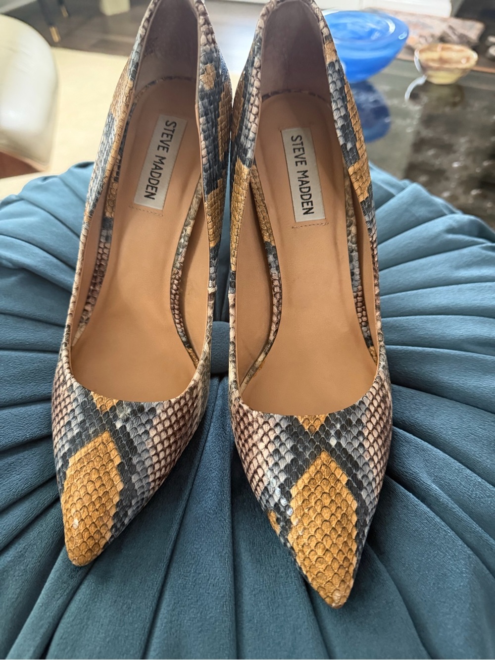 Steve Madden Yellow and Gray Snake-Print Pointed Toe Pumps